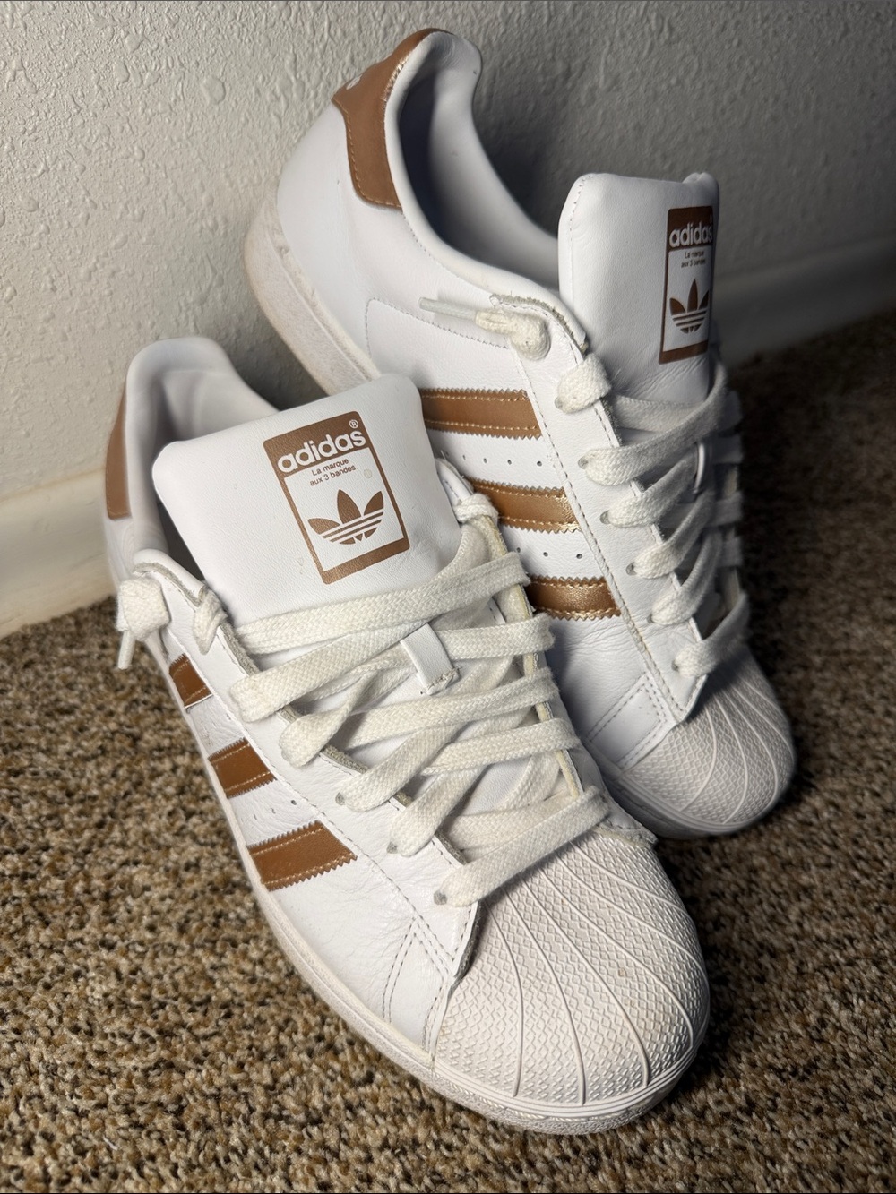 adidas White and Tan Classic Superstar Sneakers